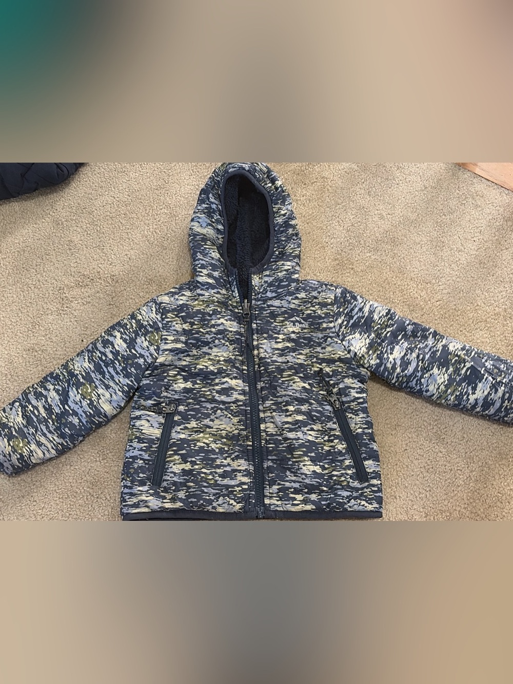 L.L. Bean Kids' Navy, Light Blue & Olive Camouflage-Print Hooded Puffer